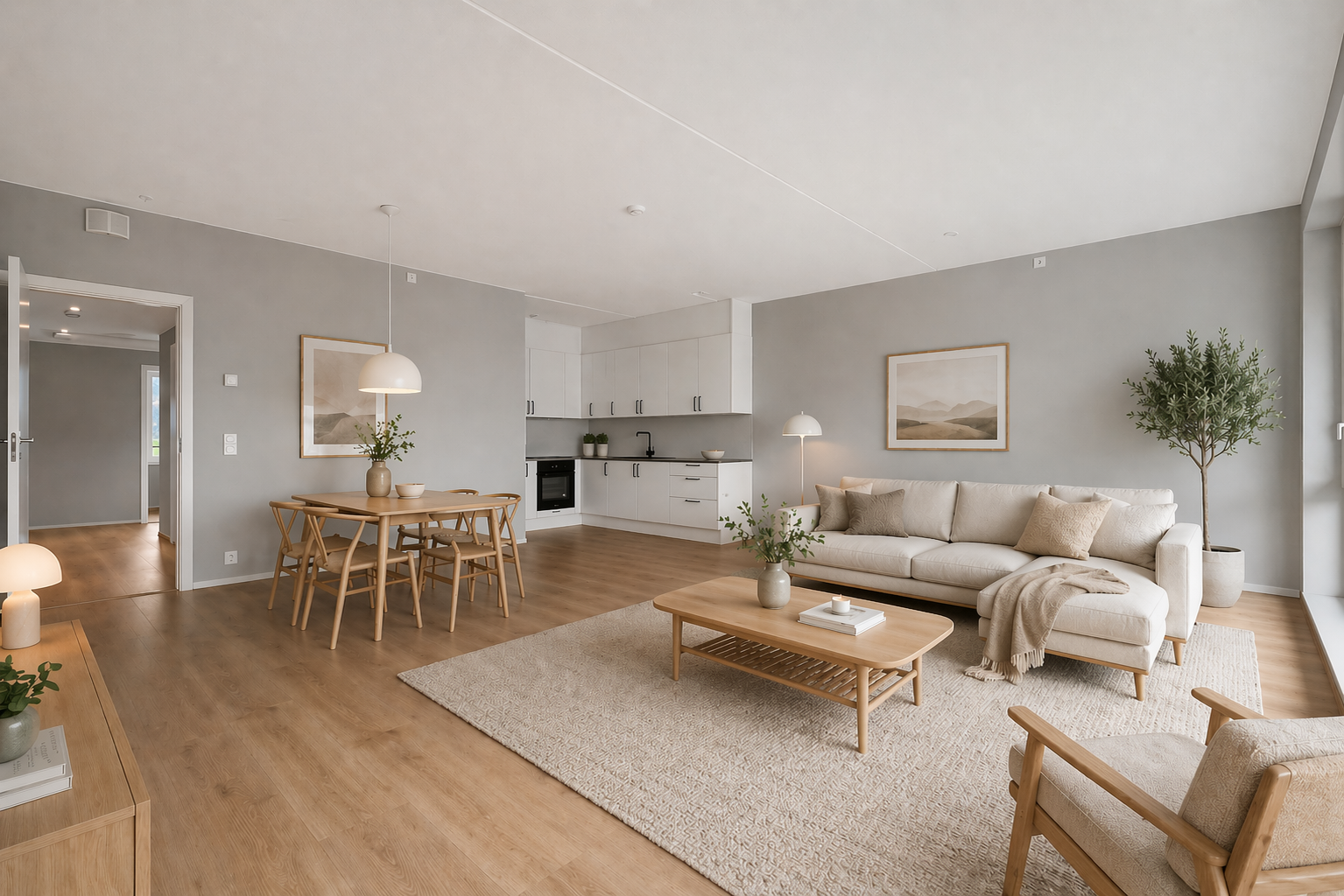 Her finner vi en meget flott og gjennomført leilighet med høy standard. Stue/kjøkken er på hele 41 kvm. Interiøret i bildet er KI-generert med spisegruppe, sofa, puter, planter, gulvtepper, bilder og bøker. Galleribilde