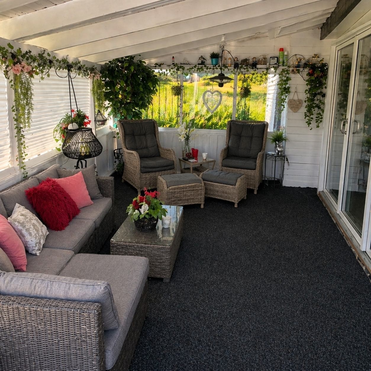 Overbygget veranda ut fra stuen i leiligheten på ca. 15 m2. Selgers bilde. Galleribilde