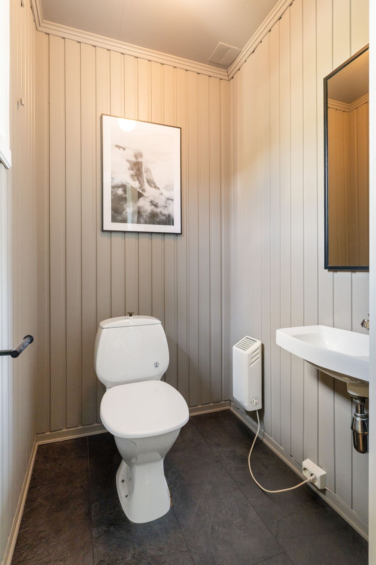 Vegg-i-vegg finner man et praktisk toalettrom med servant. Galleribilde