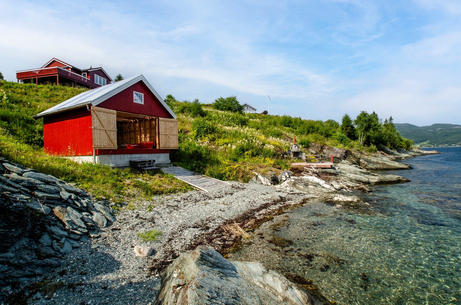 Privat strand og svaberg. Naust oppført i 2022. Galleribilde