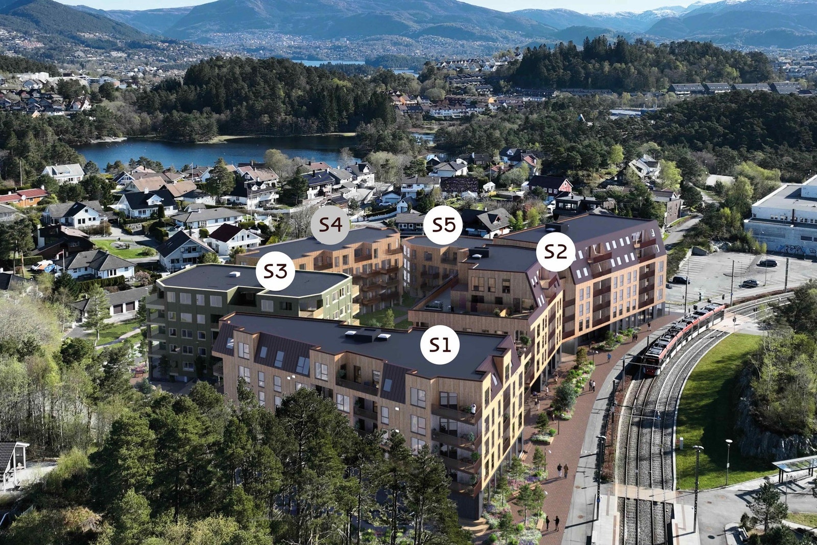 - Sandsli Stasjon 1 sameie består av 2 bolighus (S1 og S2) med totalt 97 eierleiligheter, garasjeanlegg under bakken og 2 felles takterrasser - Galleribilde