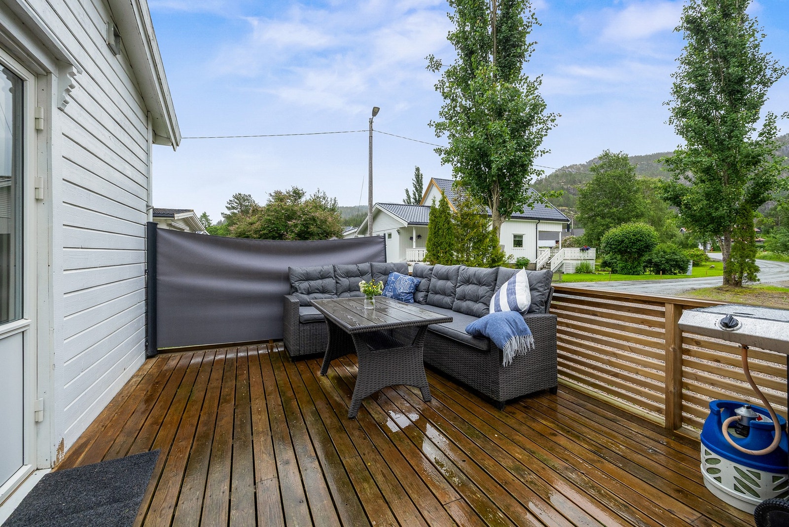 Fra stue er det direkte adkomst til boligens terrasse med utsyn til nærområdet Galleribilde