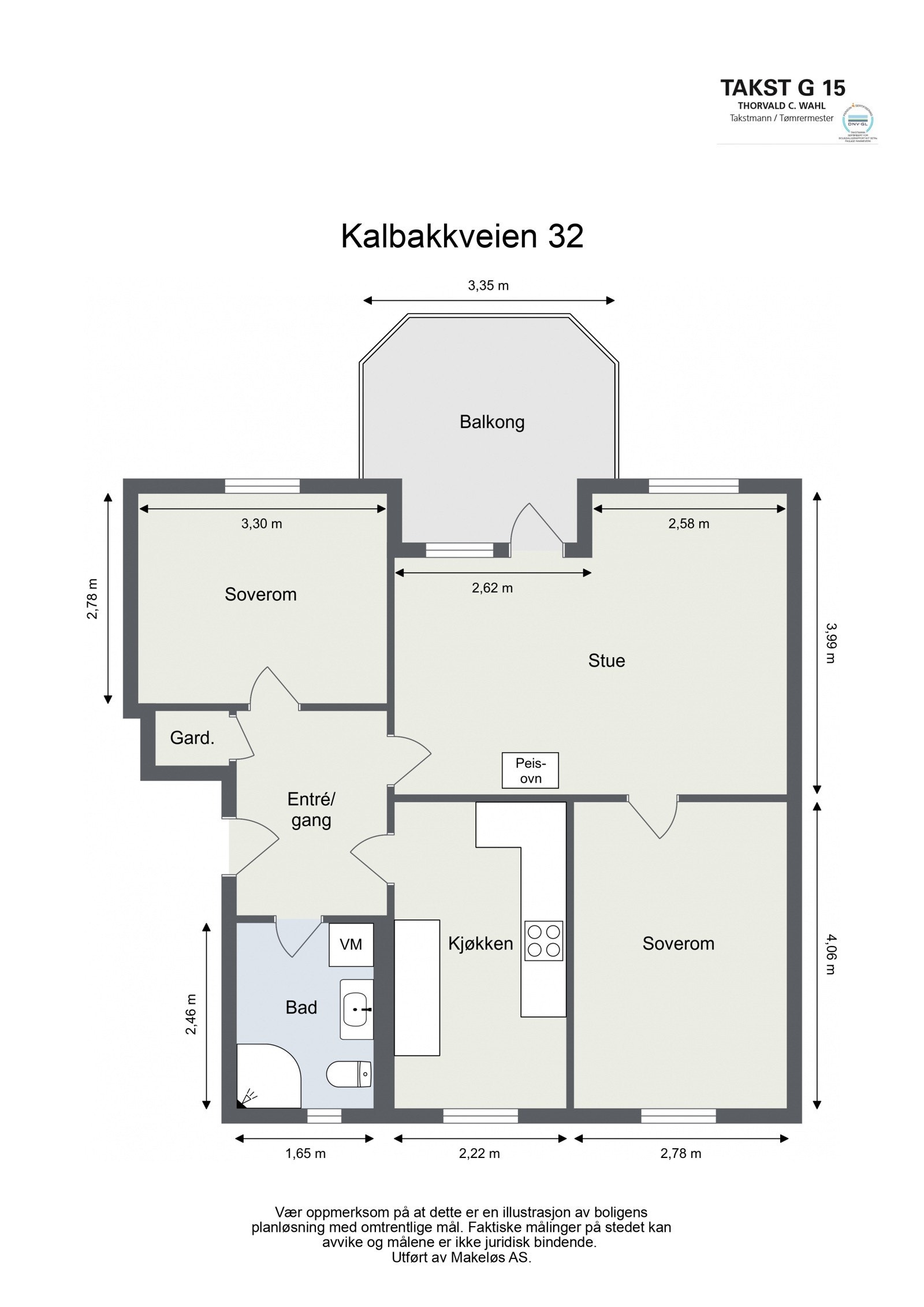 Kalbakkveien 32, endeleilighet i 2. etasje med entré, utvidet bad, 2 soverom, kjøkken og stue. Galleribilde