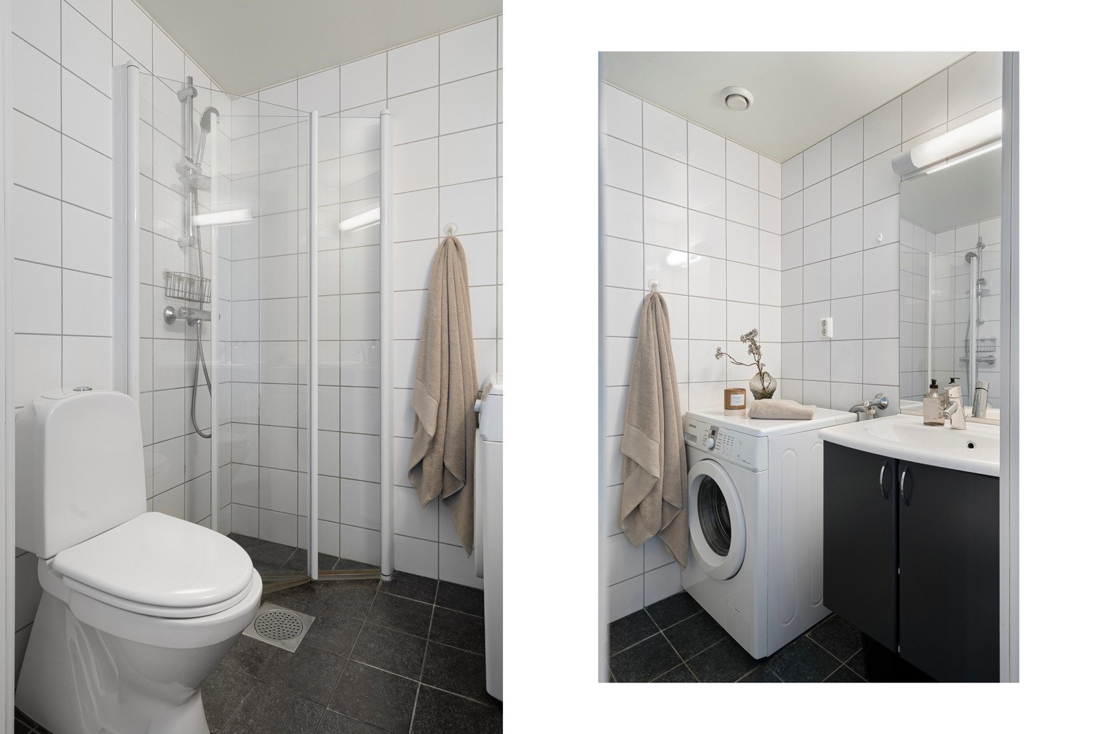 Flislagt bad med gulvvarme og opplegg for vaskemaskin.