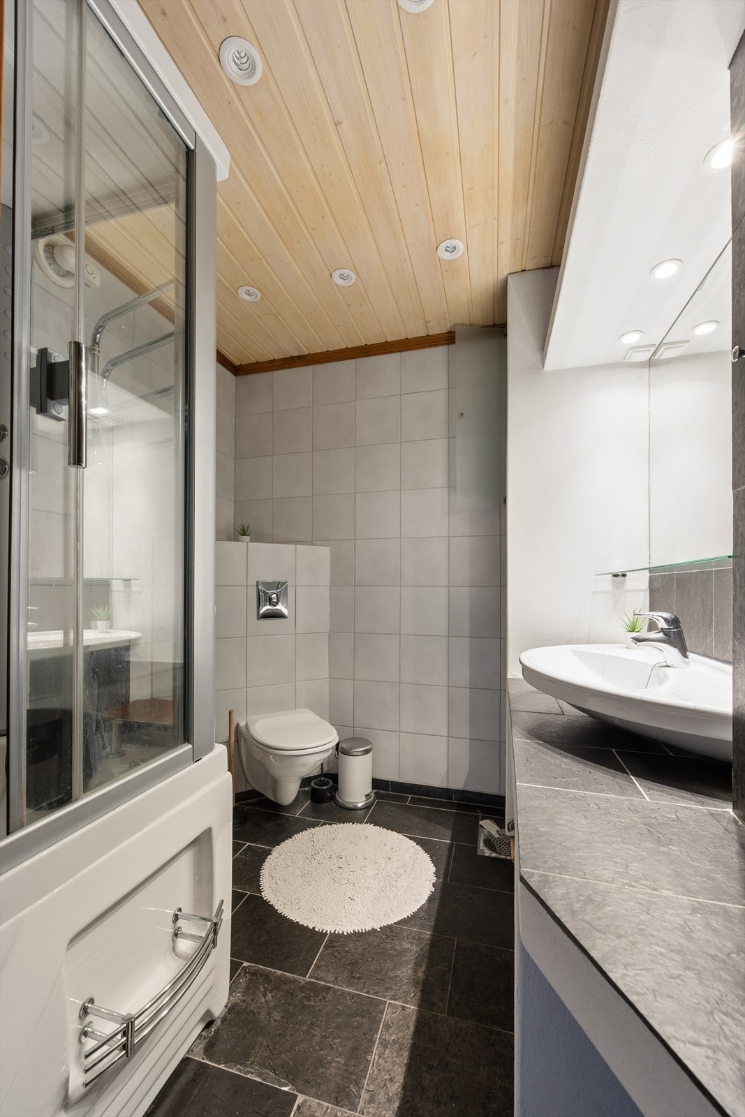 Badet er innredet med dusjkabinett, toalett og servant. Downlights i himlingen gir god belysning. Galleribilde