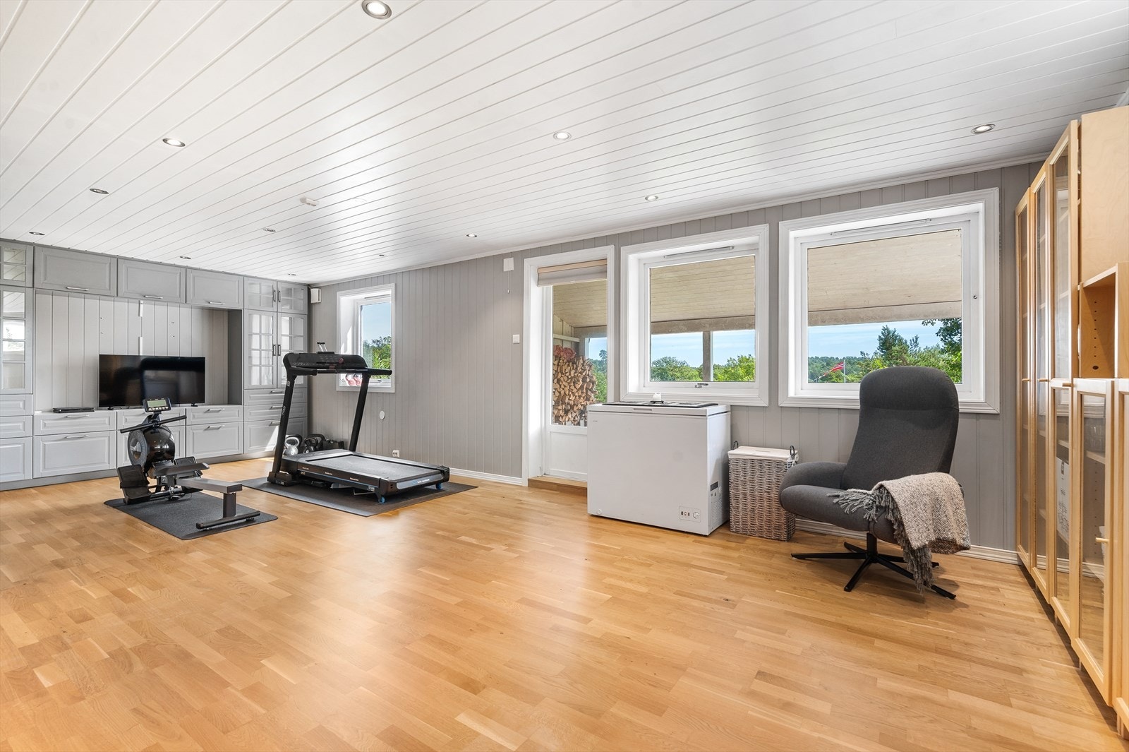 Kjellerstue med grå innredning og utgang til terrasse. Galleribilde
