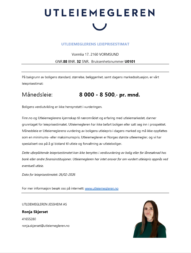 Estimat fra utleiemegleren på hybelen. Galleribilde