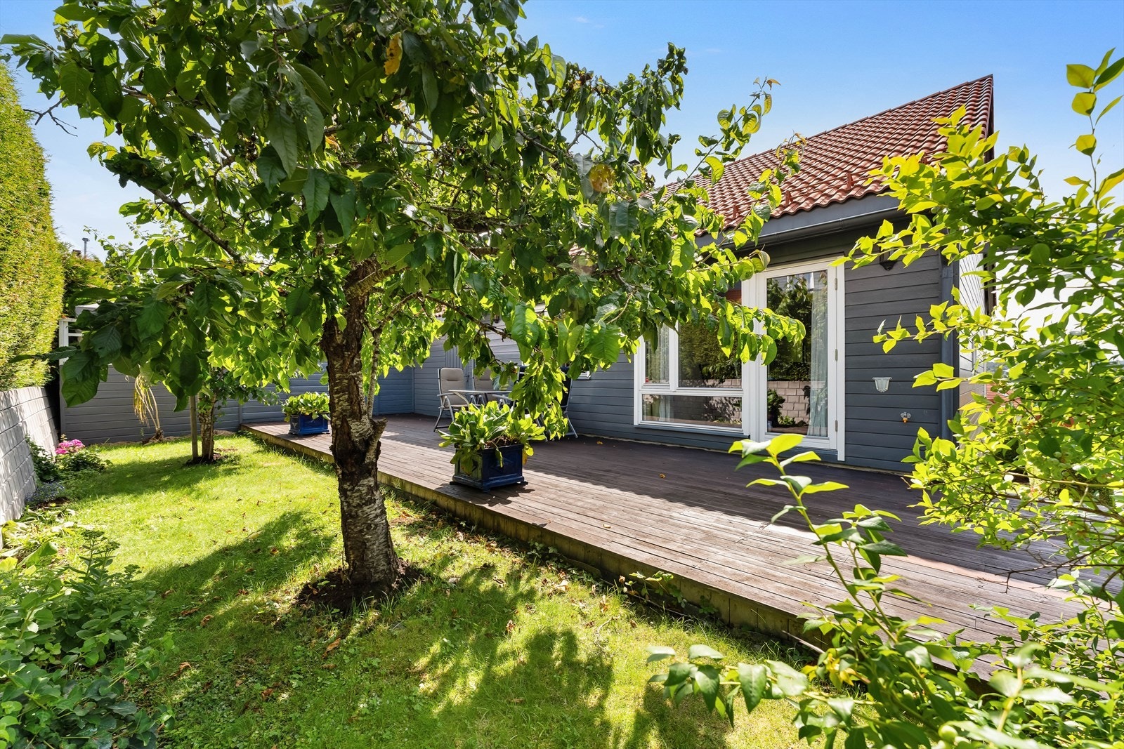 Her får du en gressplen med variert beplantning, samt direkte tilgang til en romslig bod på 16kvm fra terrassen. Galleribilde