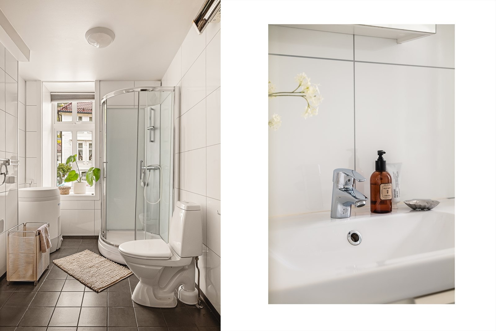 Badet måler ca. 5,6 m², og er gjort med fliser på gulv, og baderomsplater på veggene. Galleribilde