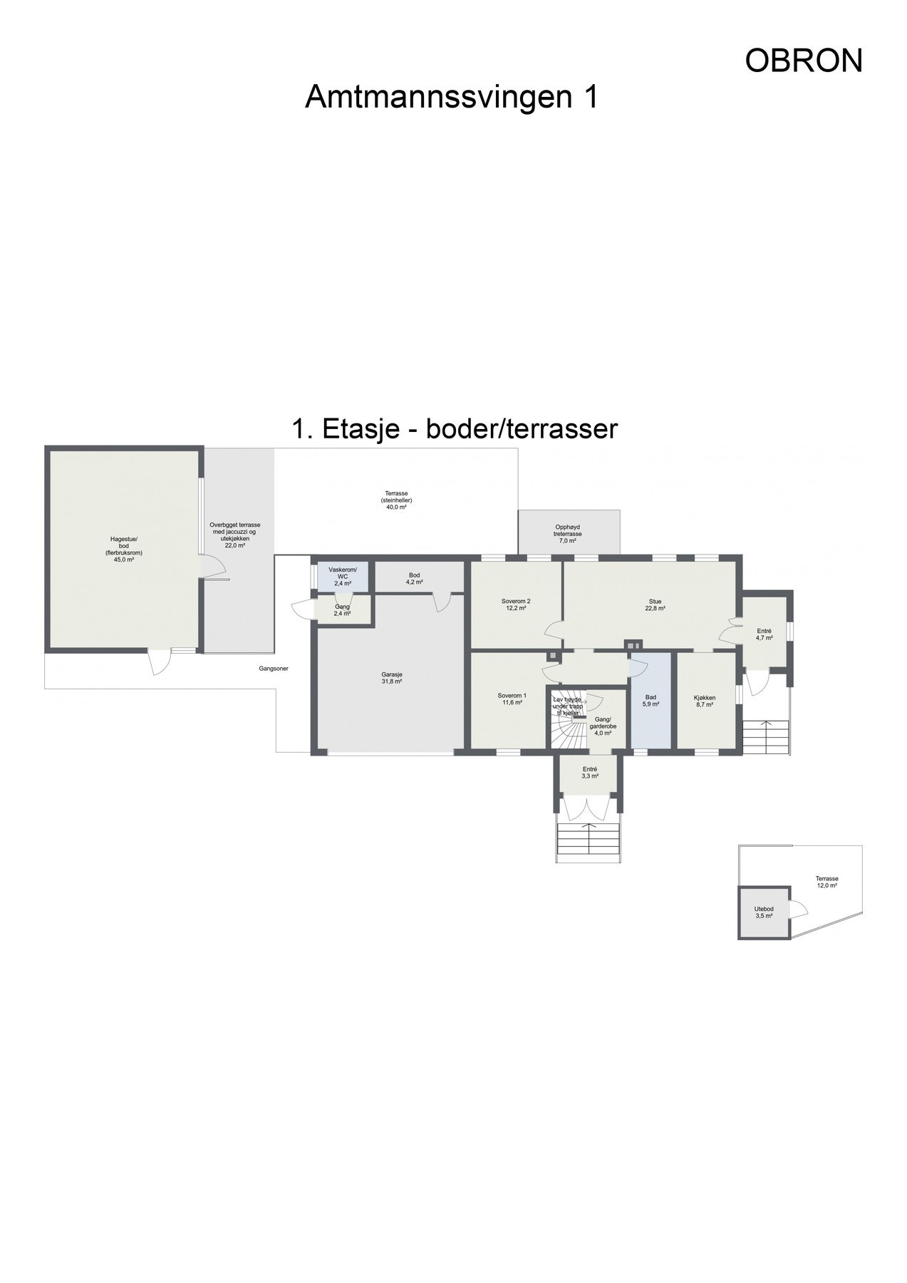 Plantegning 1.etasje med boder og terrasse. Galleribilde