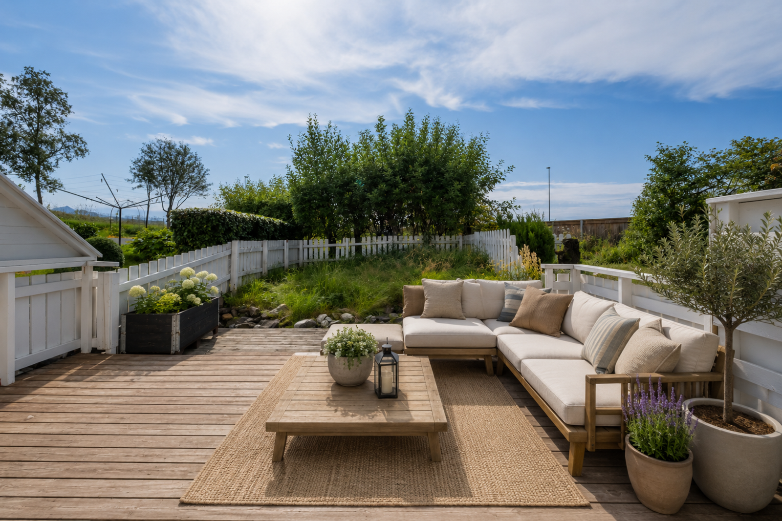 Fra stuen er det direkte utgang til en romslig og usjenert terrasse, med gode solforhold- egen hageflekk (digitalt møblert). Galleribilde