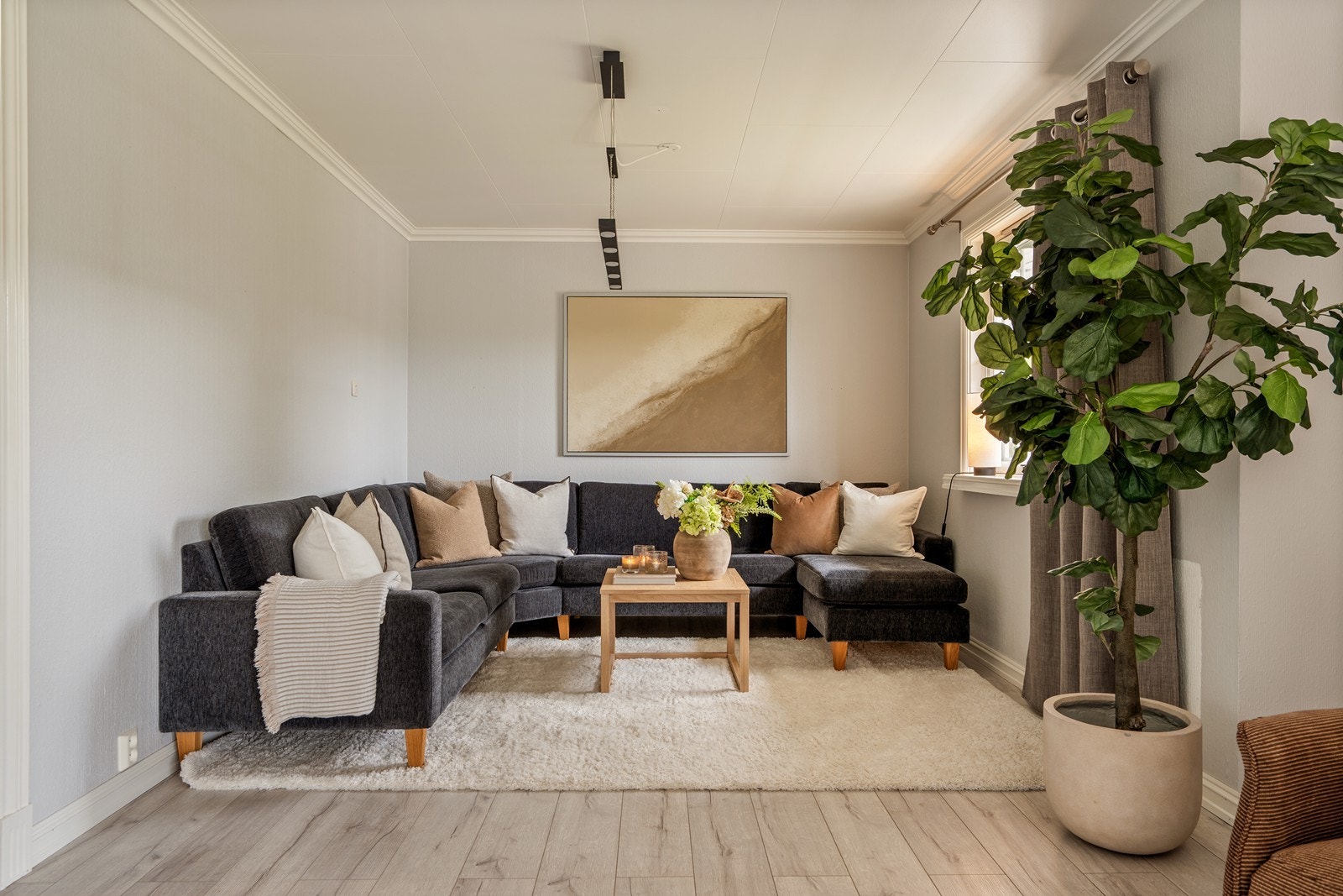 Gode møbleringsmuligheter for spisebord og sofagruppe. Galleribilde