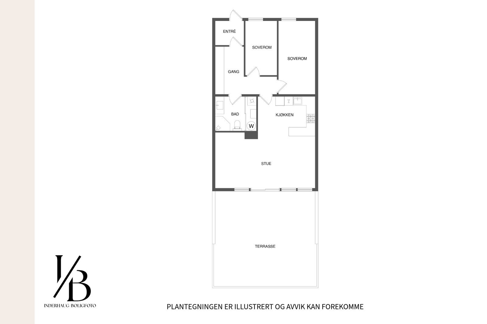 Plantegning. 3-roms leilighet med stor terrasse og parkering i felles anlegg. Galleribilde