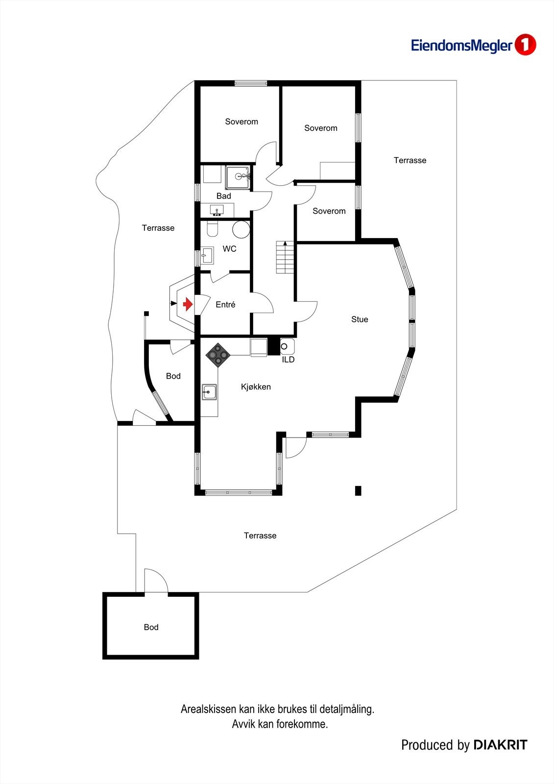 Hytta har en praktisk planløsning med åpen stue- og kjøkkenløsning, tre soverom, wc, baderom og gang/vindfang. Galleribilde