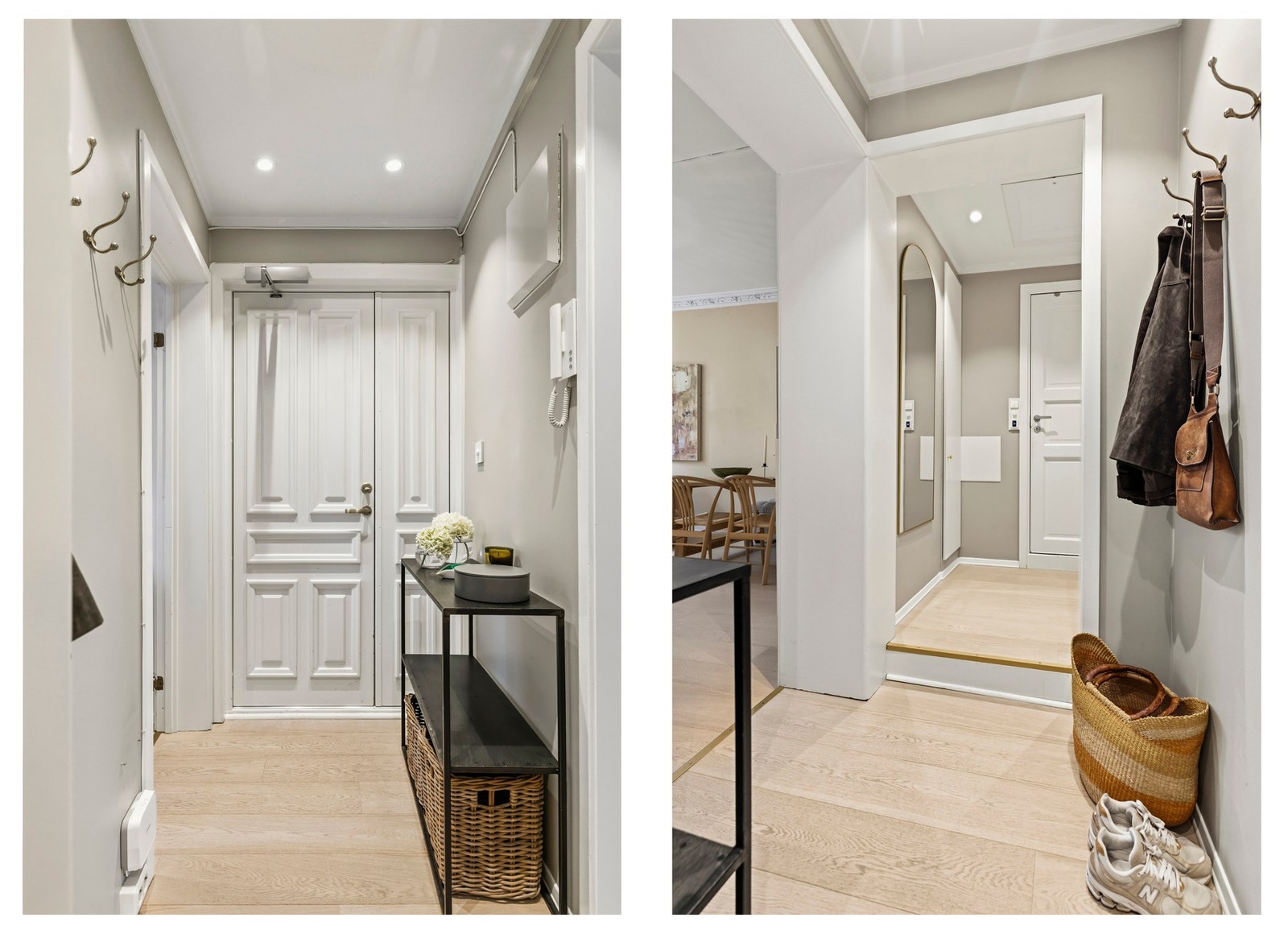 Entréen fremstår som innbydende med malte vegger og pent en-stavs parkettgulv, noe som er gjennomgående for øvrige rom i boligen. Det er montert downlights i himling med regulering av lysstyrke Galleribilde