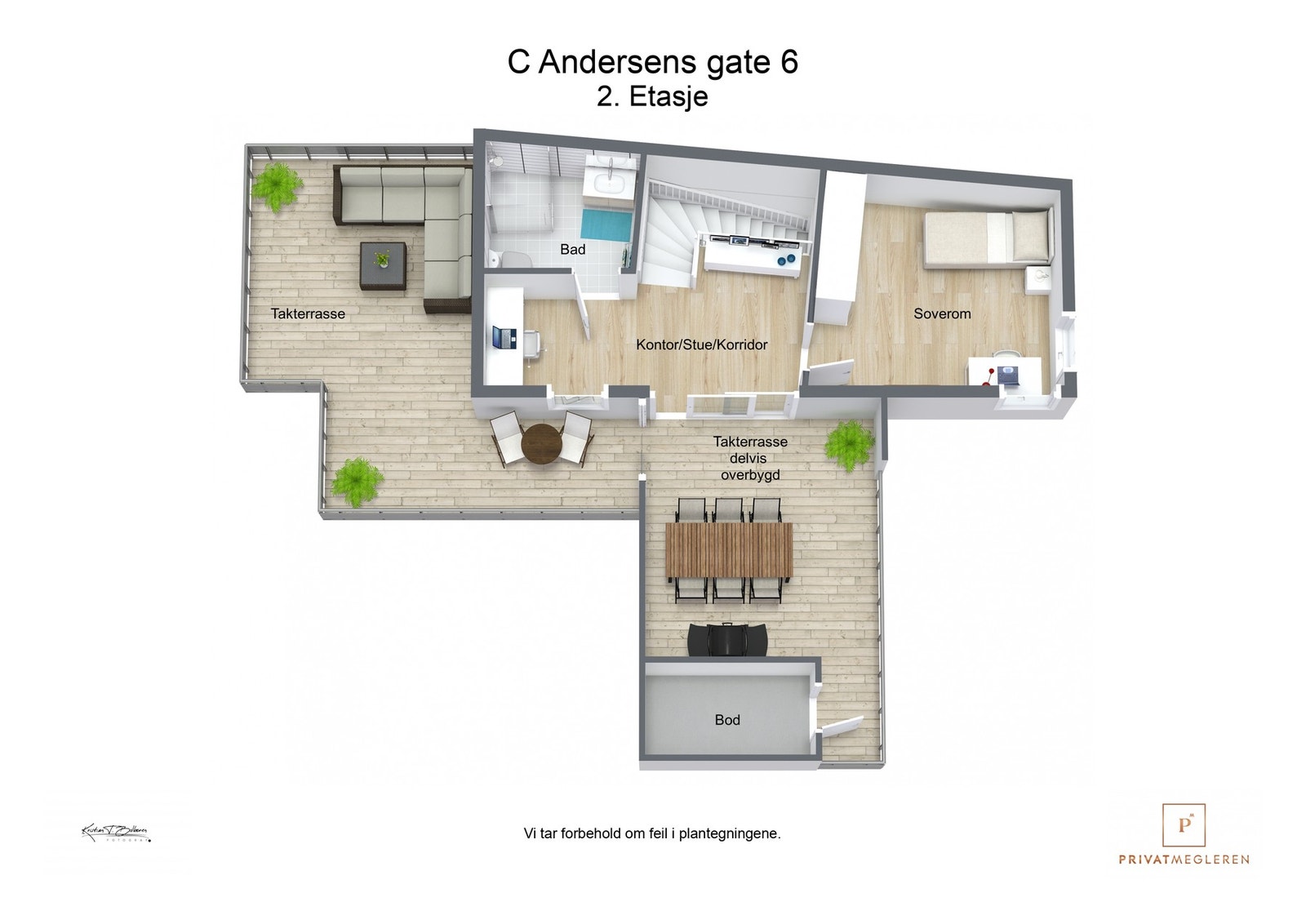 Plantegning av boligens 2. etasje hvor man også ser de solrike uteplassene Galleribilde