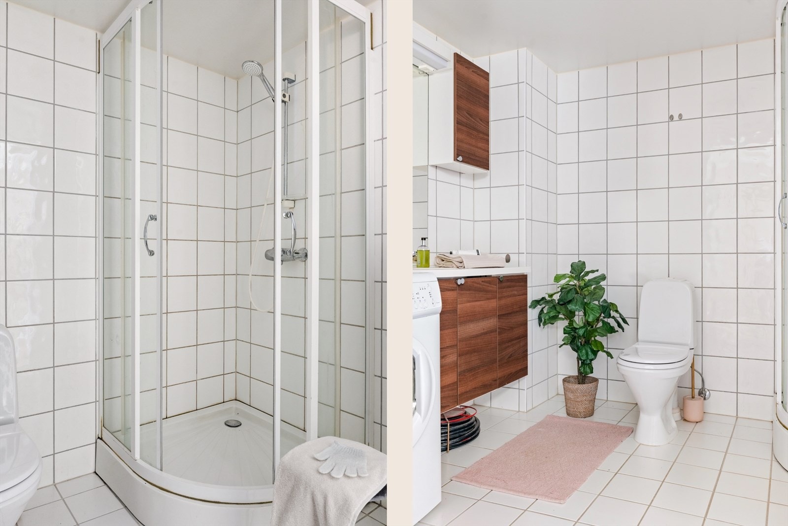 Badet er innredet med servant i møbel, toalett og dusjkar Galleribilde