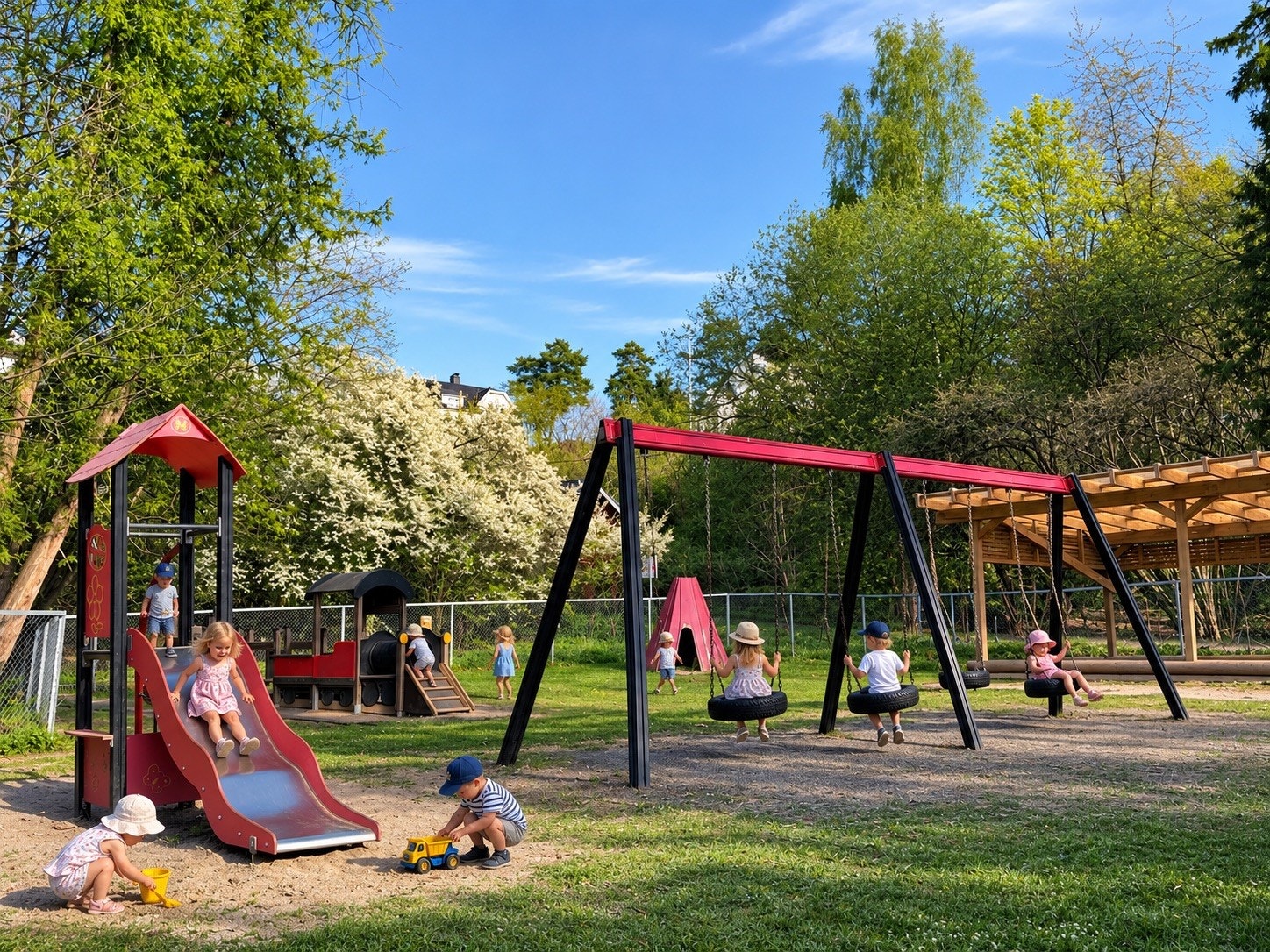 Barna kan gå til barnehagen gjennom en idyllisk, bilfri skogssti. En rolig og trygg start på dagen Galleribilde