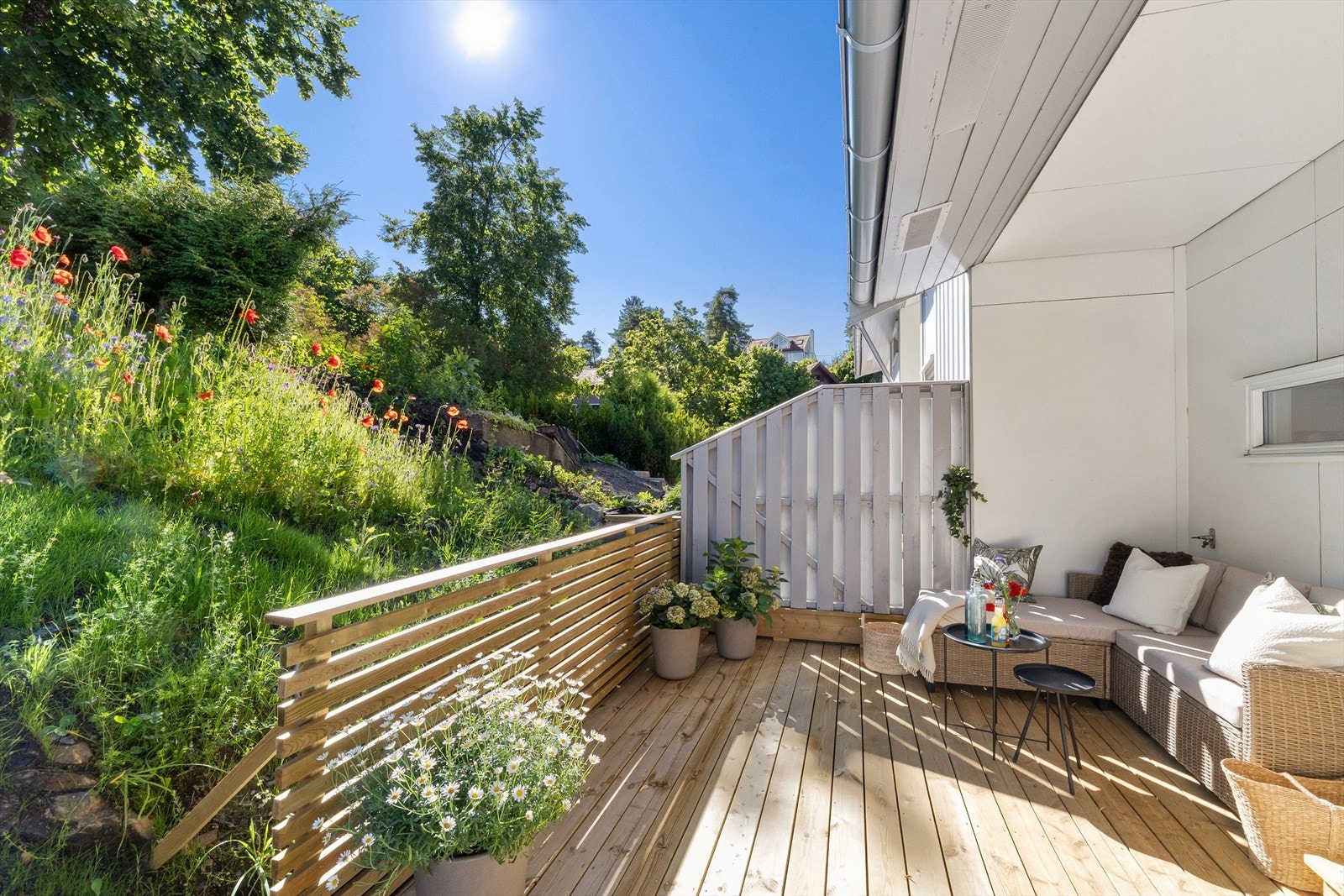 Hyggelig og skjermet terrasse og hage med engblomster Galleribilde
