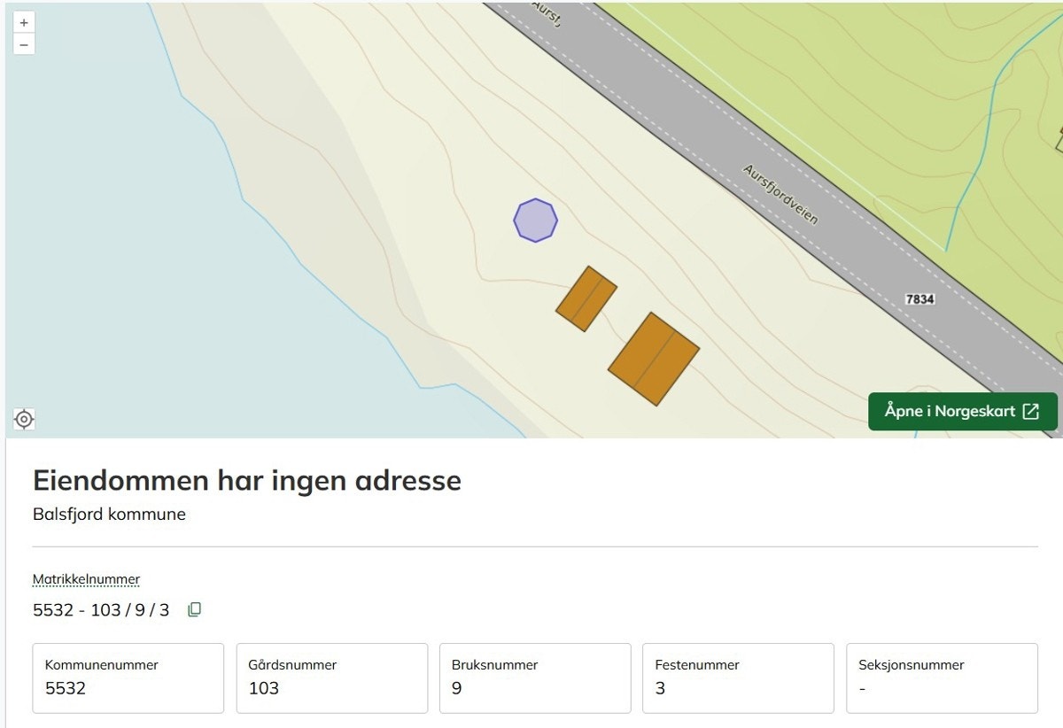 Kartskisse nausttomt. Nausttomta er festetomt og har matrikkel gnr 103 bnr 9 og fnr 3 i Balsfjord kommune