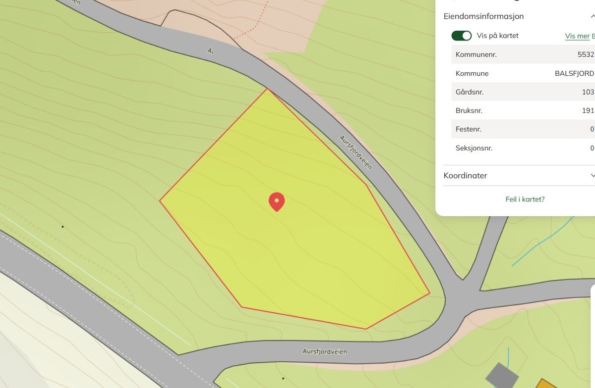 Kartskisse hyttetomt. Hyttetomta har matrikkel gnr 103 bnr 109 i Balsfjord kommune.