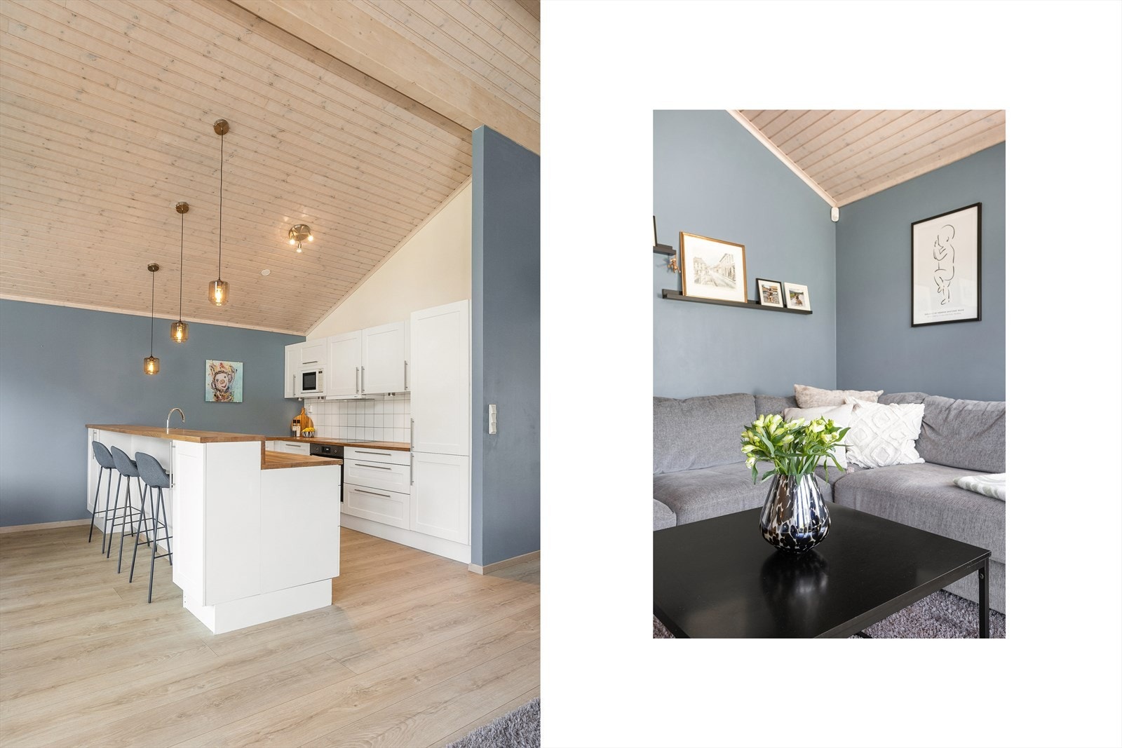 Kombinasjonen av lyse flater, trepanel i taket og ny laminat på gulvet. Galleribilde