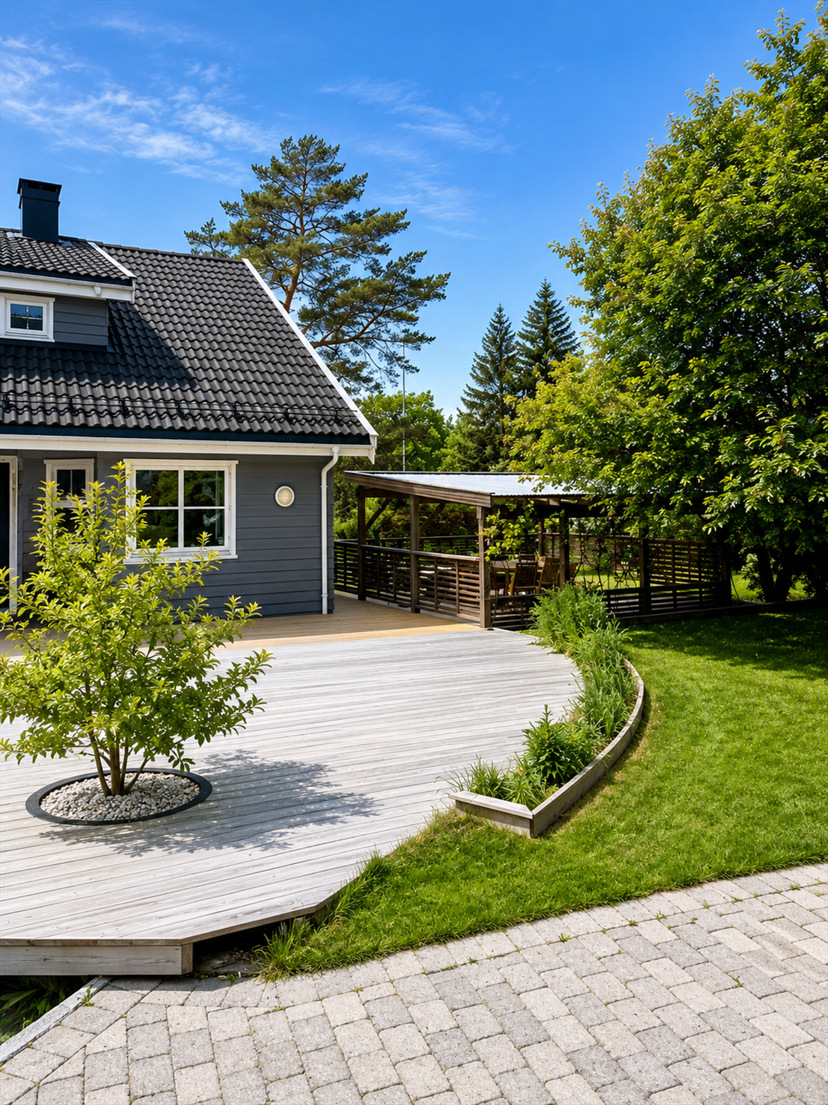 Terrasse med utekjøkken og pergola - en naturlig forlengelse av hjemmet, perfekt for lange sommerkvelder. Tuntreet skaper lun stemning og gir uterommet karakter. Galleribilde