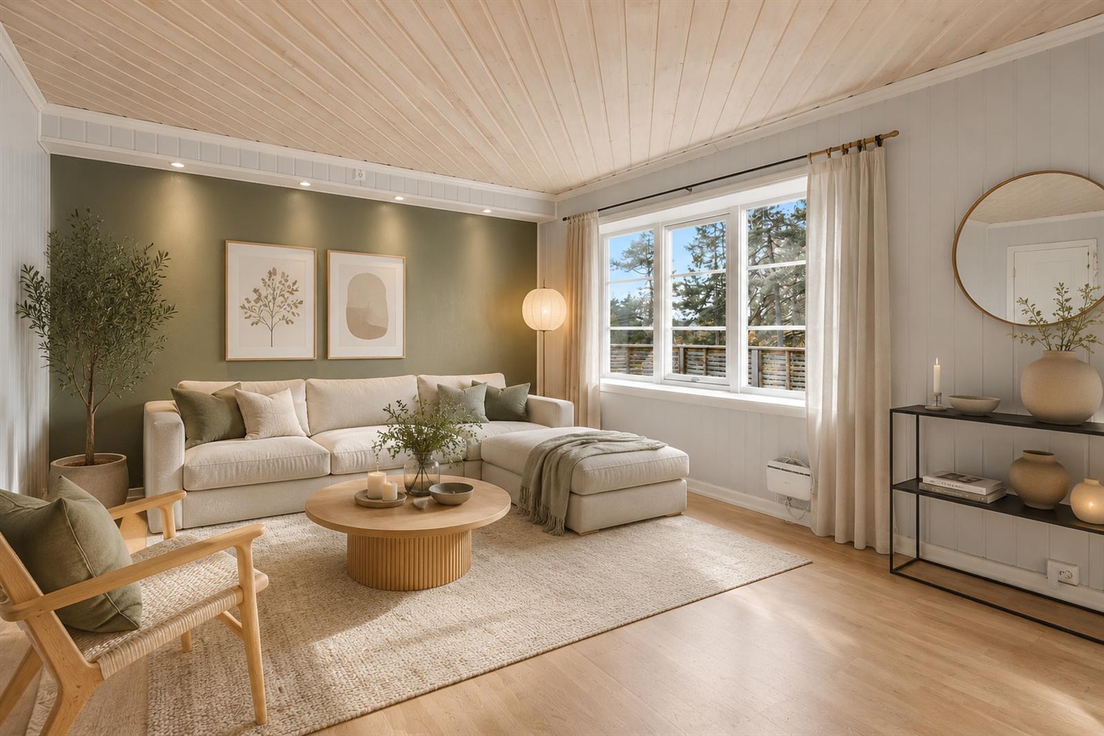 Hyggelig stue med god plass til sofagruppe. Bildet er møblert av AI. Galleribilde