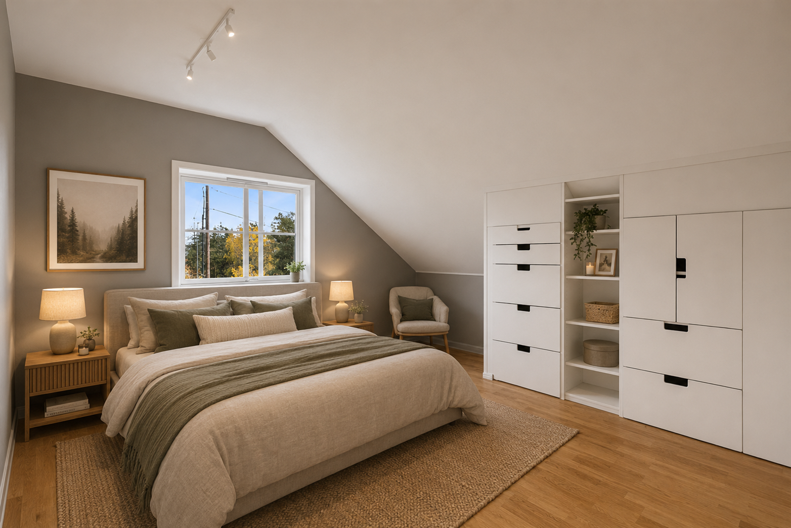 Soverom nr. 3 er et lyst og pent rom med stor garderobeløsning og plass til dobbeltseng, leksepult og en godstol hvor man kan krølle seg sammen med en god bok. Bildet er møblert av AI. Galleribilde