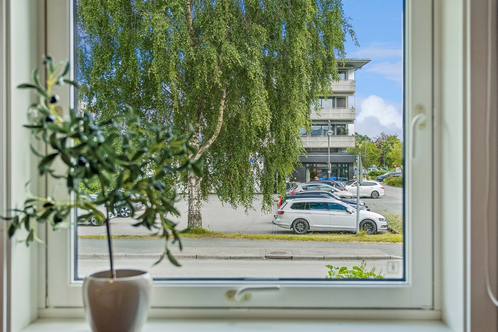 Fra kjøkkenvinduet ser man over på sprek treningssenter og dagligvarebutikk kun 50m fra leiligheten. Galleribilde