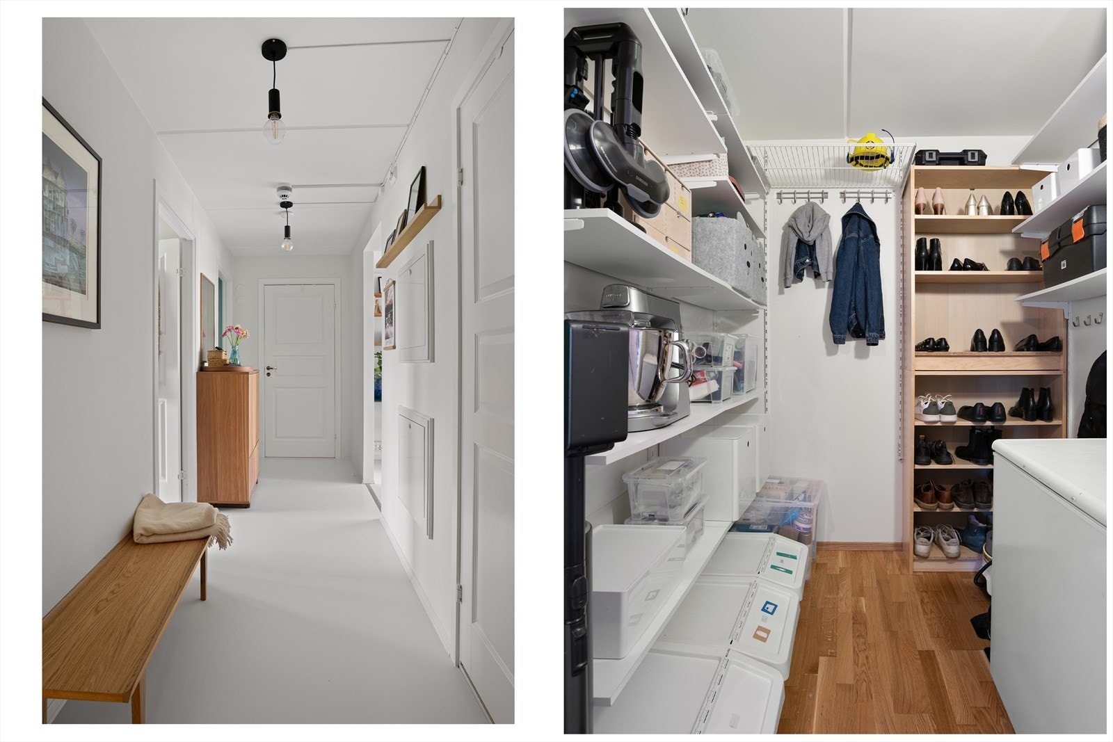 I enden av gangen er badet. I tillegg til stor skyvedørsgarderobe ved kontoret, så har man en stor innvendig bod i hallen Galleribilde