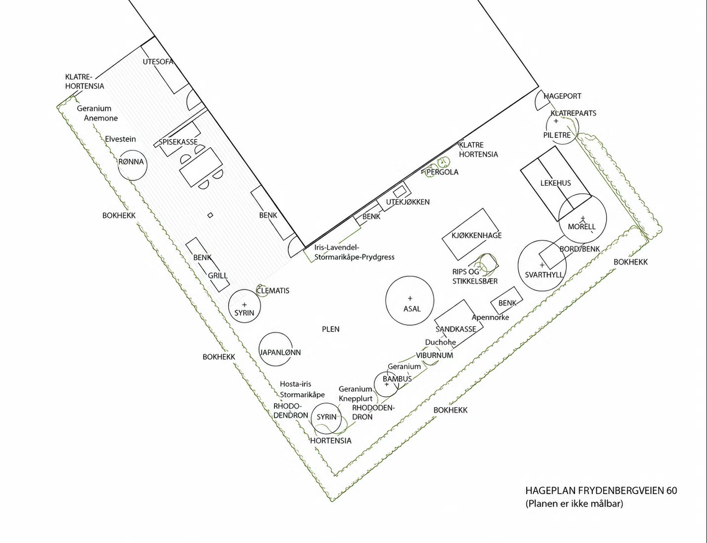 Tidligere eier hadde en landskapsarkitekt som ordnet hagen. Det er noen endringer i dag ved terrassen. Galleribilde