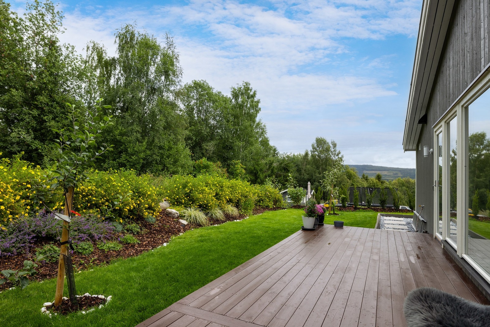 Pent opparbeidet hage med terrasse og grønne omgivelser. Galleribilde