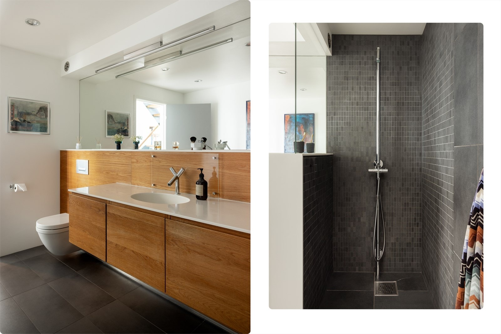Badet er innredet med plassbygde løsninger fra blant annet Box Design/Faginnredning, eikeskap, Corian-benkeplate med integrert servant og sanitærutstyr fra Philippe Starck Galleribilde