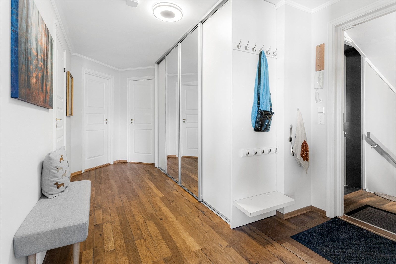 Romslig entré med gode oppbevaringsmuligheter i skyvedørsgarderobe. Galleribilde