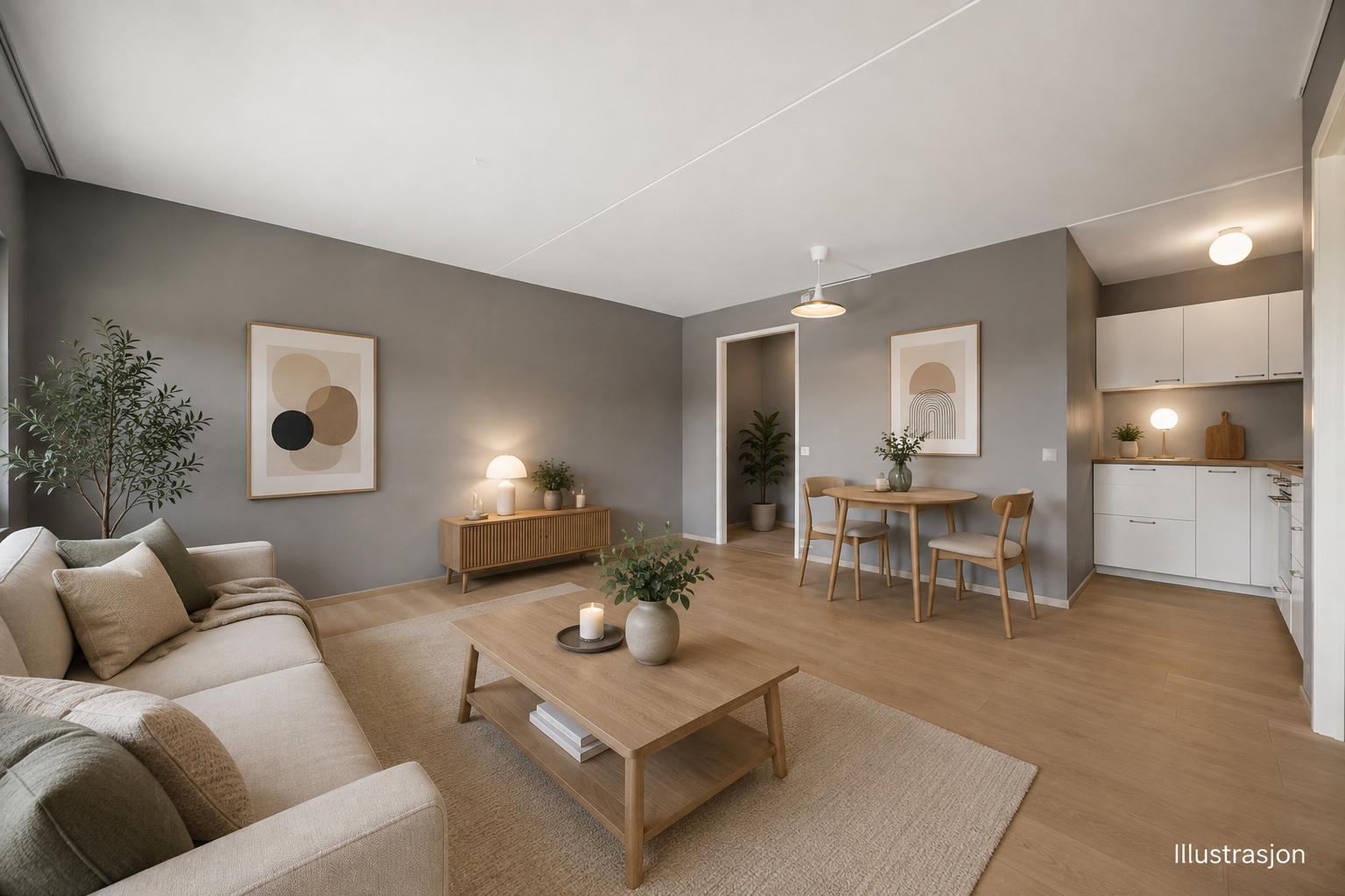 Stilren digital styling som illustrerer rommets innredningsmuligheter. Galleribilde