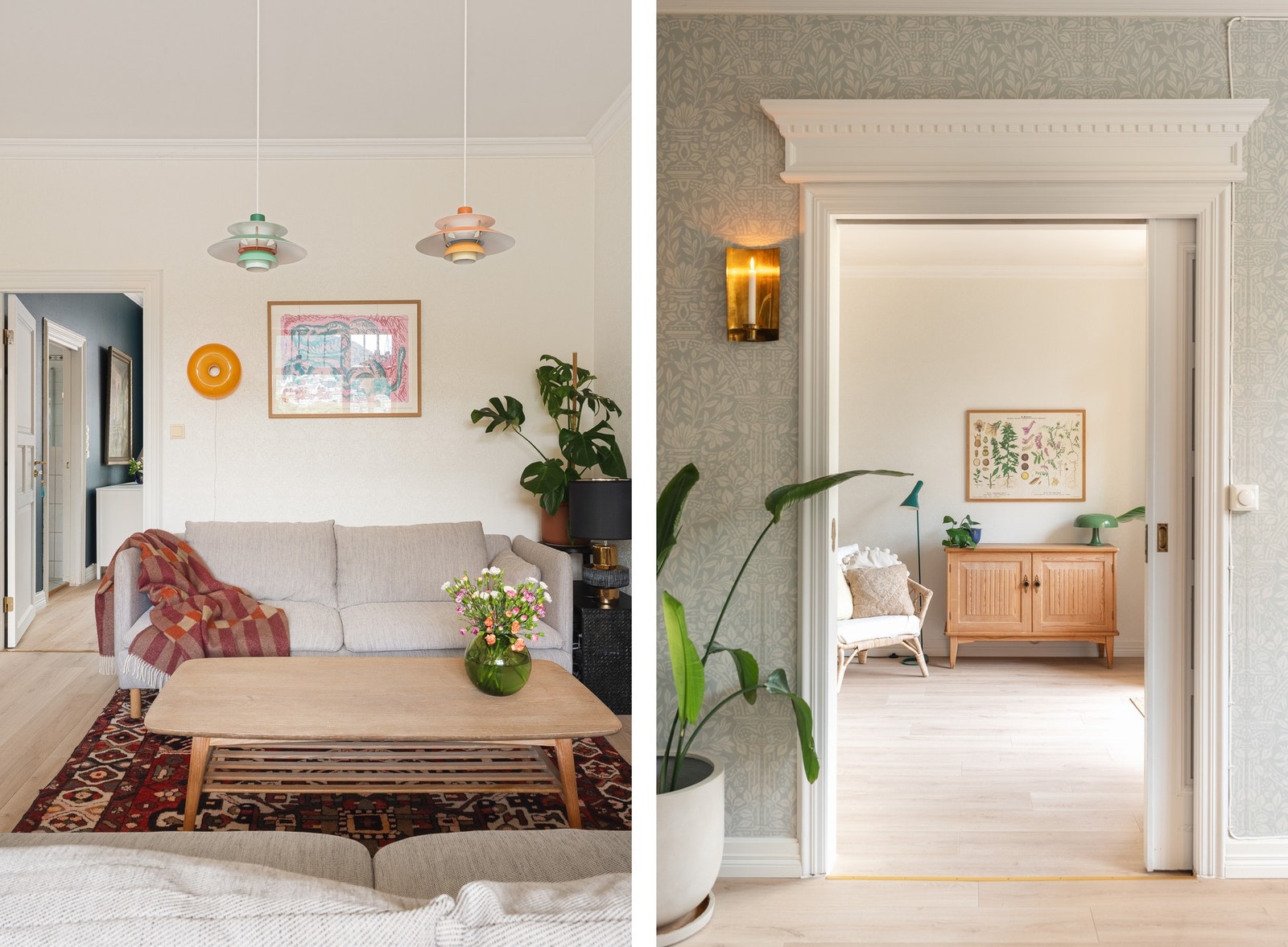 I 2024 ble det lagt på William Morris-tapet i stuen. Galleribilde