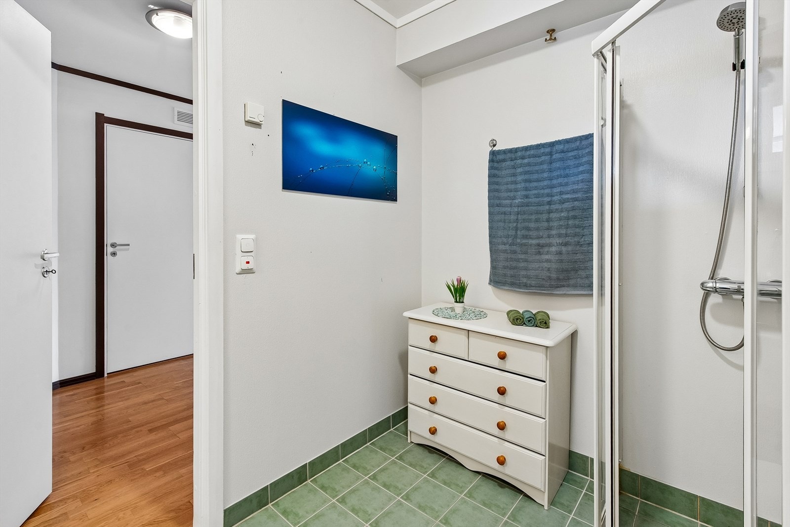 Rommet har dusjhjørne med vegger og et gulvmontert toalett. Galleribilde