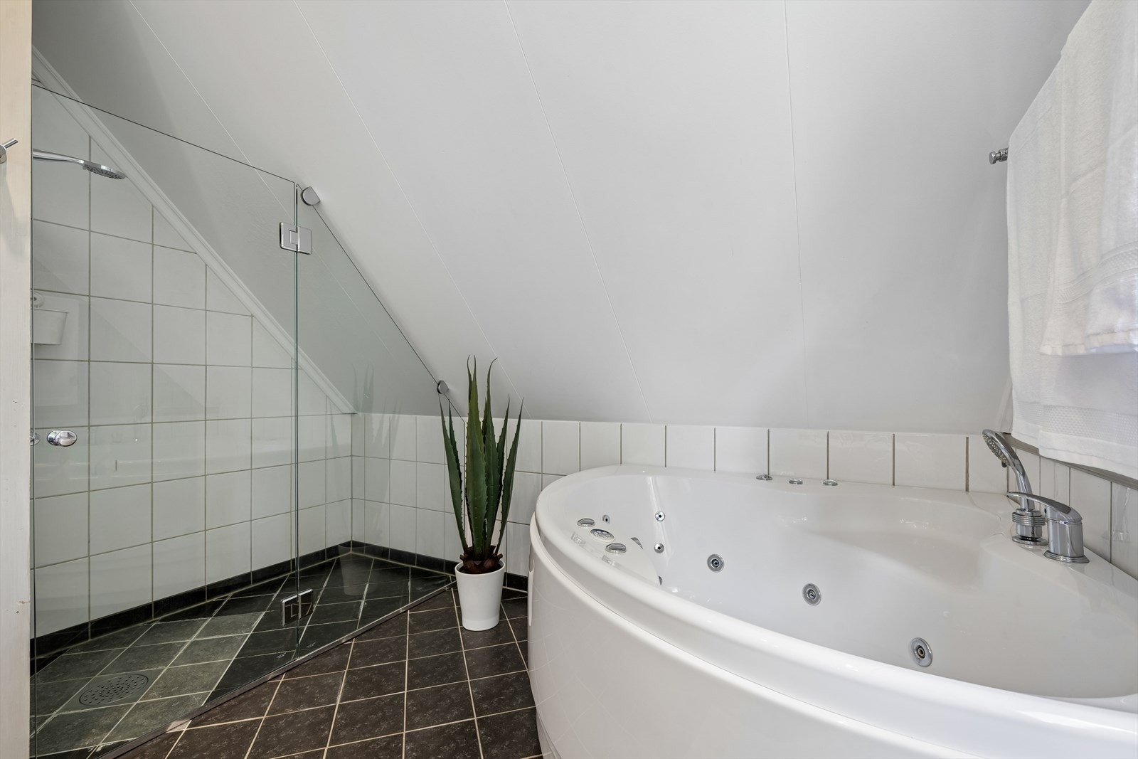 Dusjnisje med dusjvegger i glass og flislagt gulv med sluk. Galleribilde