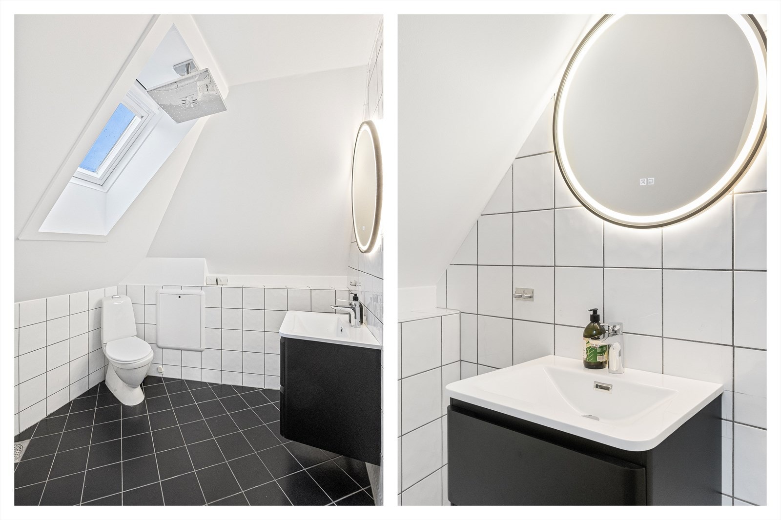 Pent baderom med keramiske fliser og varmekabler i gulv. Badet er innredet med servant med to underliggende skuffer, speil, toalett og en åpen dusjplass med nyere takdusj. Galleribilde