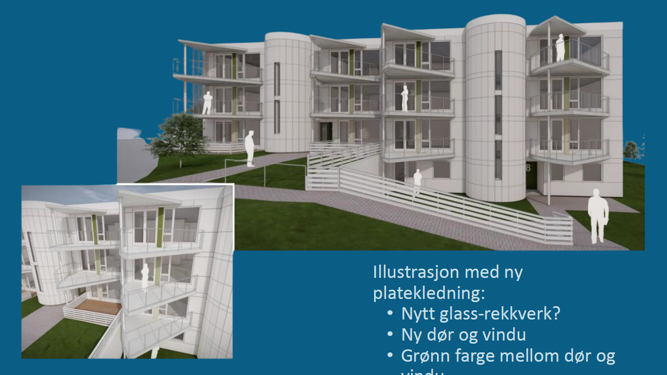 Illustrasjonsbilde - Forslag fra styret og arkitekt til fasadearbeid. Se punkt "KOMMENTAR FELLESGJELD" i salgsoppgaven og vedlagt protokoll fra 26.02.26. Galleribilde