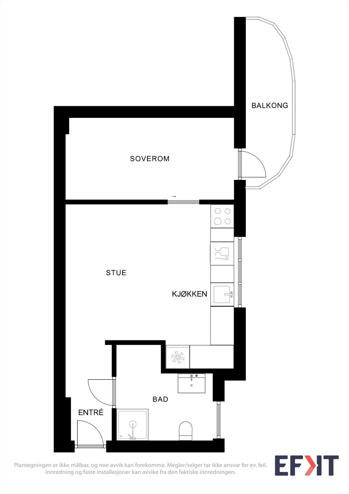 Arealeffektiv planløsning med åpen stue/kjøkken-løsning og adskilt soverom. Galleribilde