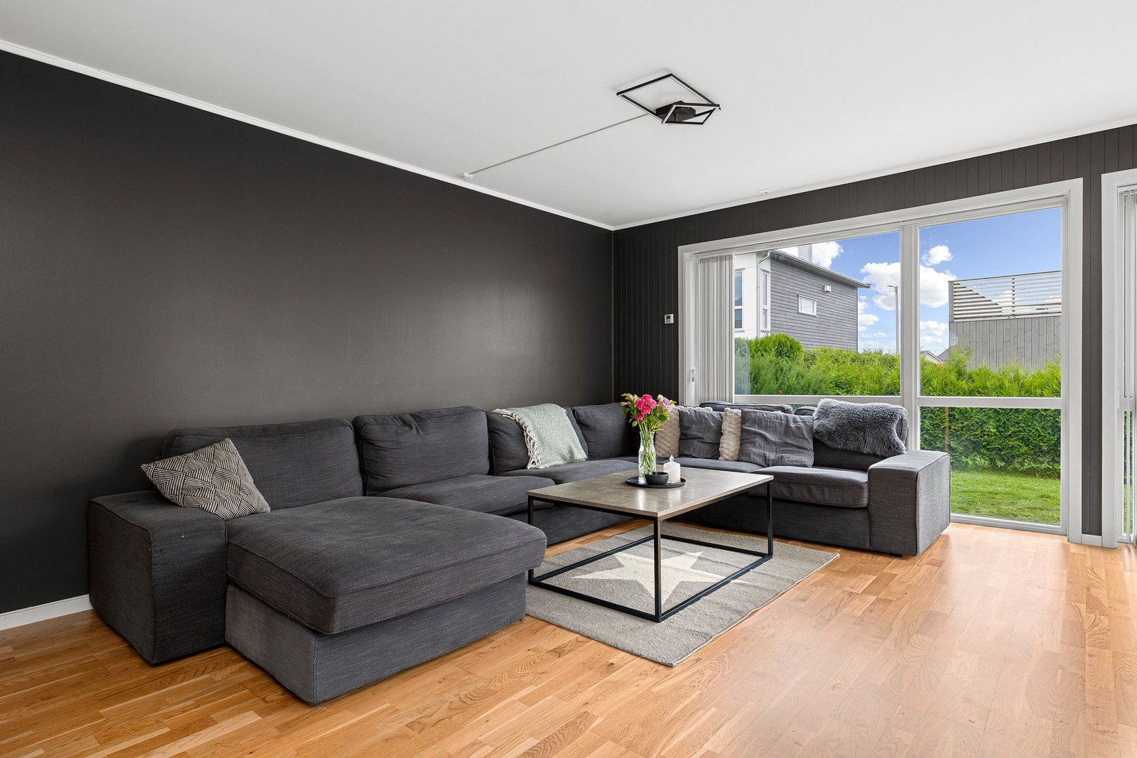 Store vindusflater og utgang til terrasse og hage. Galleribilde
