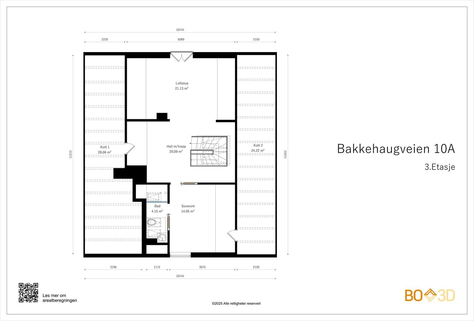 Planskisse loft: Store luftige ekstrarom, etasje på 119 kvm gulvflate: innredet med bad, stue, soverom (ingen rom godkjente for varig opphold). Galleribilde