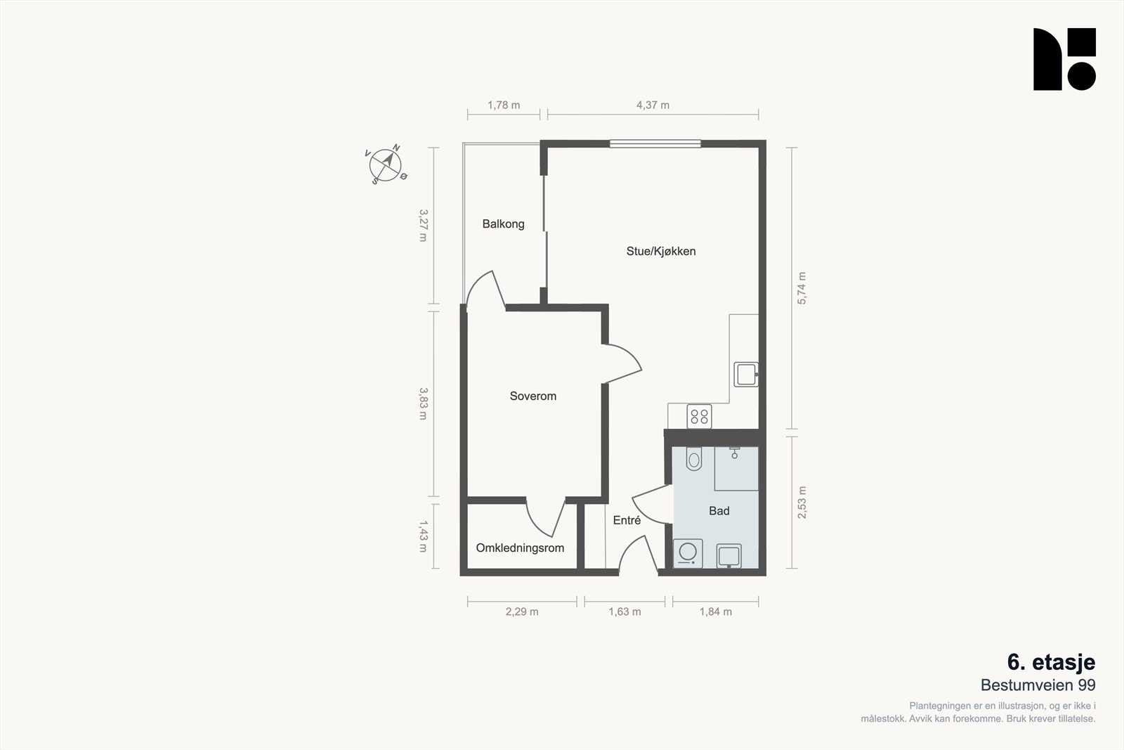 Arealeffektiv planløsning med gode oppholdsrom, eget omkledningsrom og en solrik balkong på ca. 6 m². Galleribilde