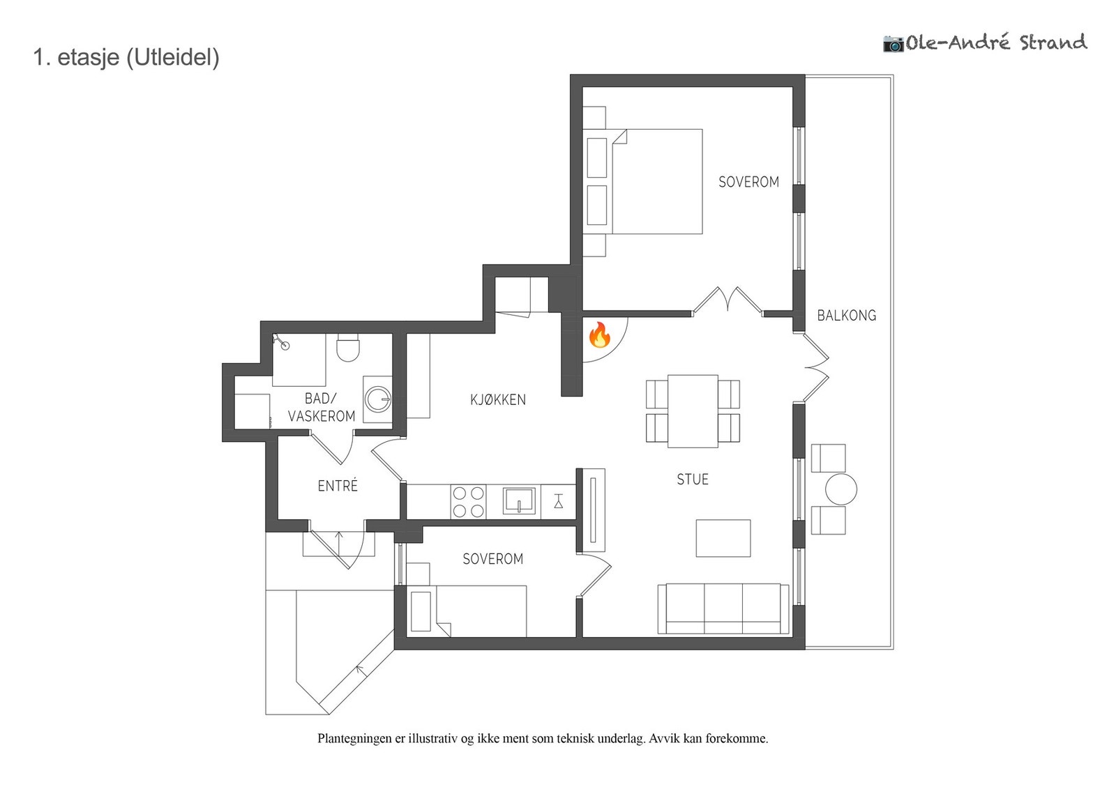 Planskisse over deler av 1. etasjen som viser utleiedelen på 55 m² Galleribilde
