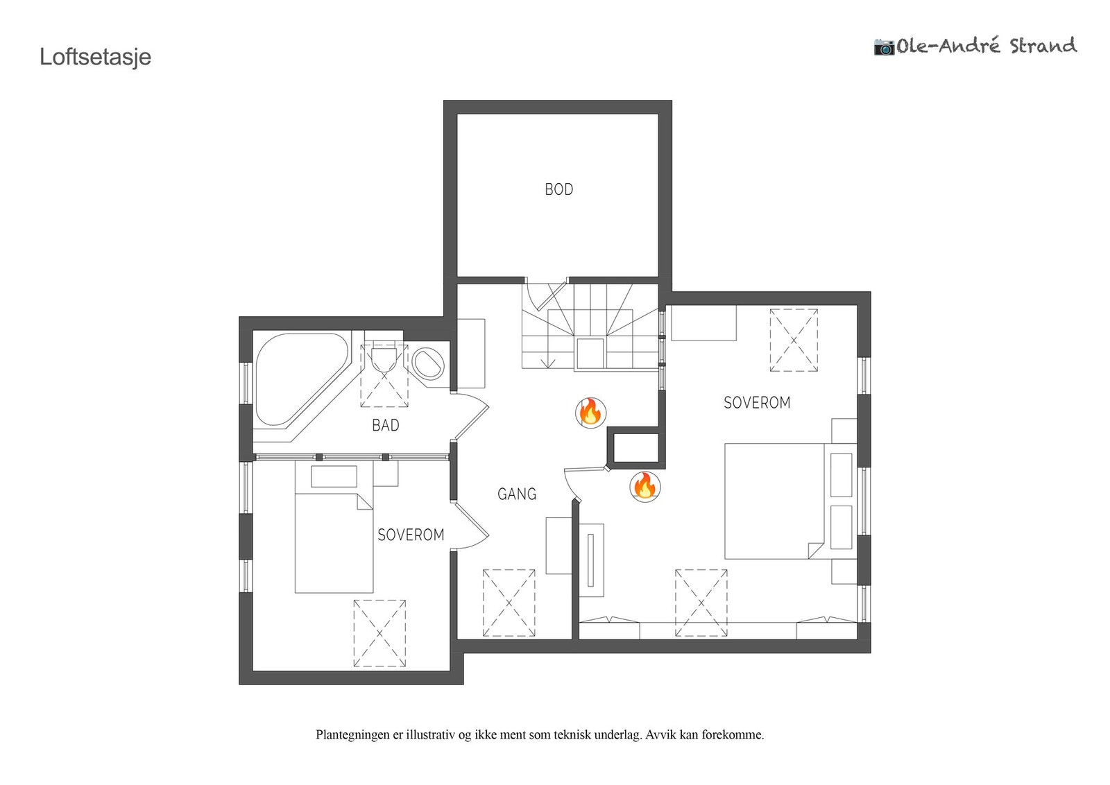 Loftsetasjen har et målbart areal på 35 m² med rom som har takhøyde opp til 3.16 meter Galleribilde