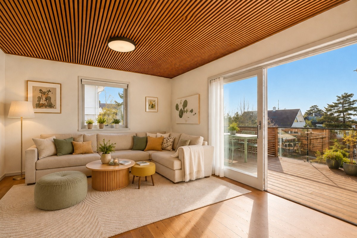 Stuen har en funksjonell planløsning hvor man enkelt kan dele inn i hyggelige soner. Bildet er redigert med KI. Galleribilde