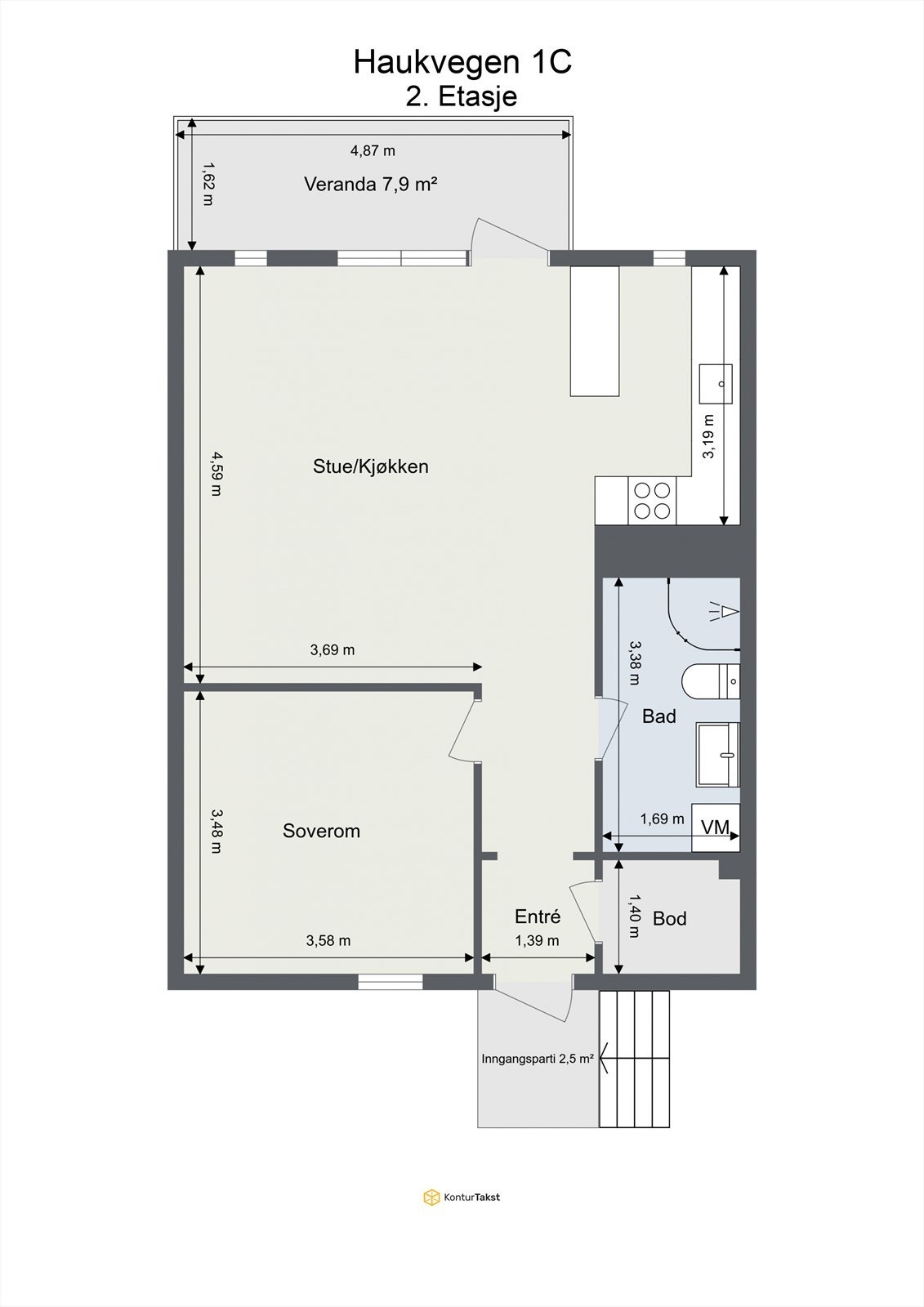 Leiligheten har en arealeffektiv planløsning på ett plan, med adskilt soverom. Galleribilde