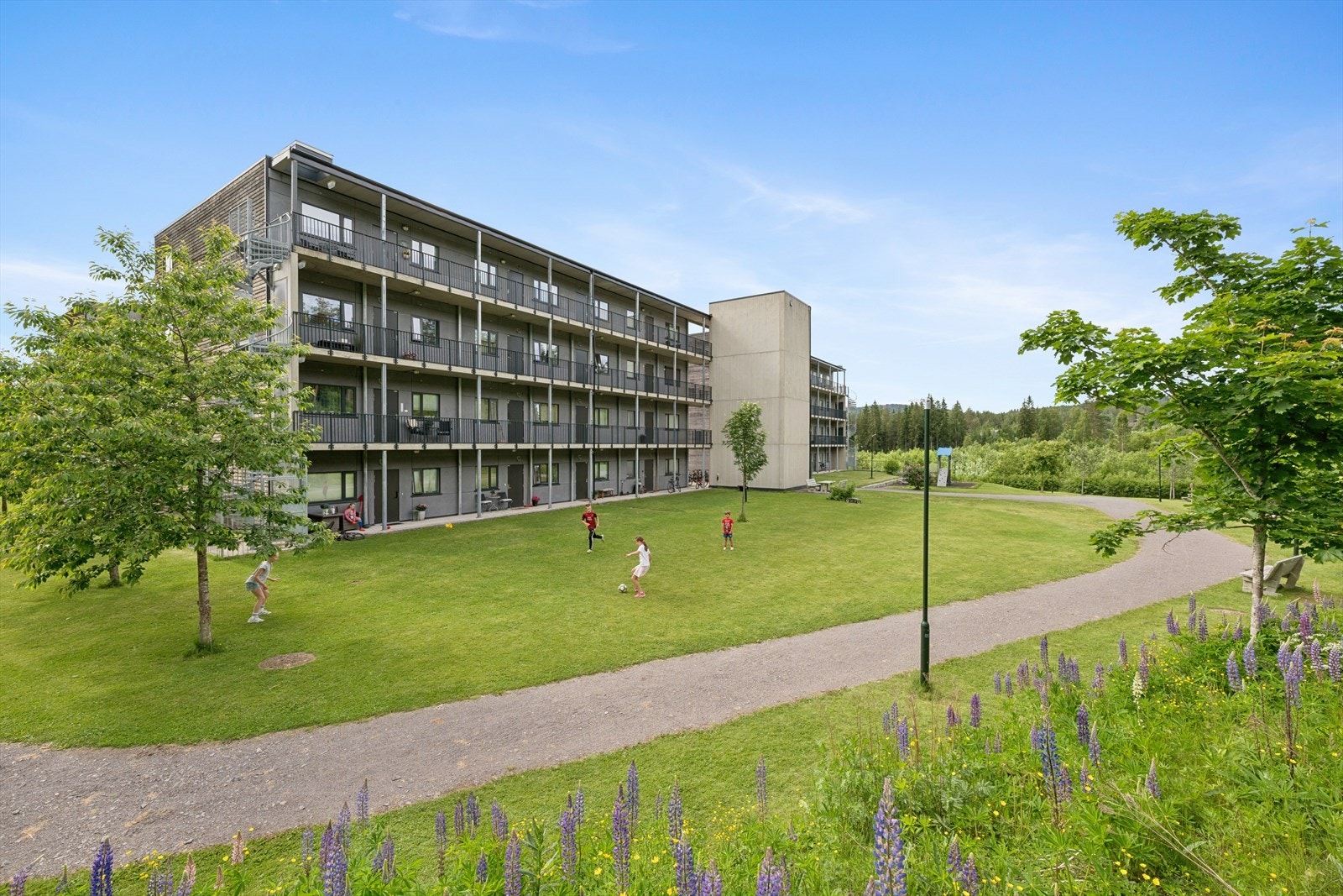 Fellesområdene er pent opparbeidet med gressplen og gangstier. Galleribilde